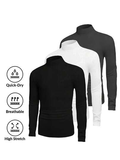 男士纯色休闲高领长袖T恤三件套，春秋季
