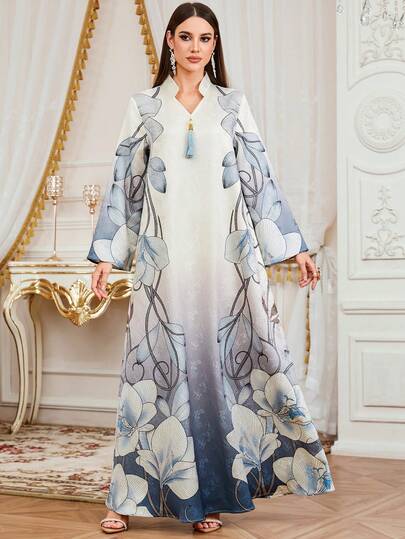 Elegant Women's V-Neck Long Kaftan Robe, Decorated With Floral Print, Regular Sleeves, Woven Fabric, Showcasing Graceful Charm