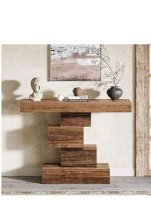 LITTLE TREE 108cm Rustic Console Table With Slim Wood Design - Space Saving Geometric Base Sofa Table For Entryway, Living Room, Hallway & Entrance - Brown - View 9