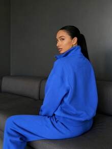 Inspired By Sporty And Casual Style, This Stylish Two-Piece Set Features A Zip-Up Long-Sleeved Sweatshirt And Elastic-Waist Trousers, Perfect For Women's Everyday Autumn And Winter Wear. - Màu xanh lam - Xem 5