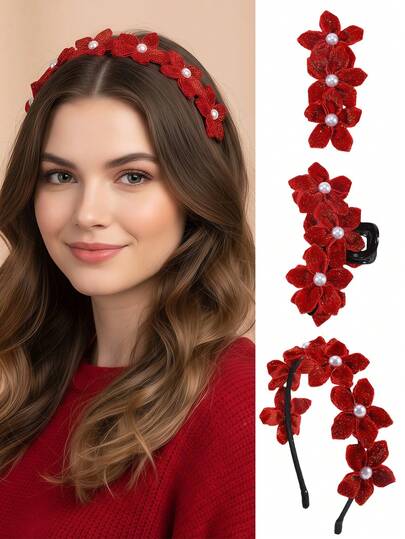1件/3件装女士时尚亮面丝绒红色五瓣花仿珍珠发爪发圈发夹发饰套装，适合日常、圣诞节、新年派对搭配，爪夹