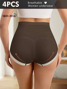 MEIYATING 4 件高腰塑形女式三角裤，舒适贴身，收腹，玫瑰印花 - 彩色 - 查看 3