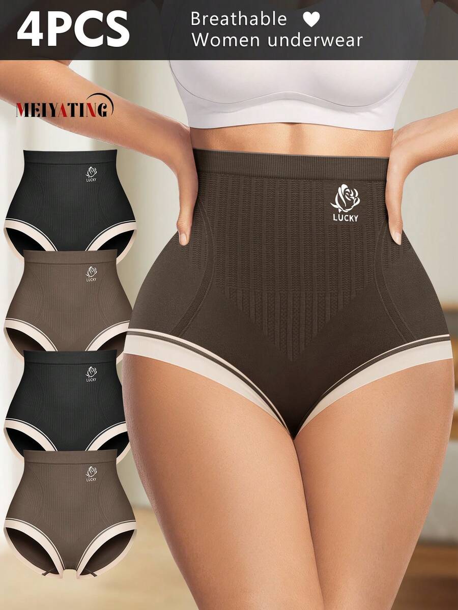 MEIYATING 4 件高腰塑形女式三角裤，舒适贴身，收腹，玫瑰印花