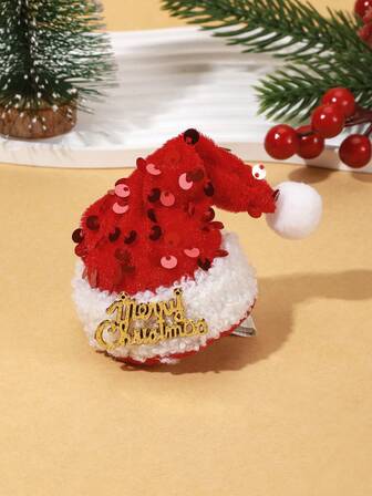 1pc Women's Christmas Resin Merry Christmas Letter Sequin 3D Santa Hat, Cute Party Decor Cosplay Hair Clip, Claw Clips, Hair Claws, Hair Slide, Hair Barrettes