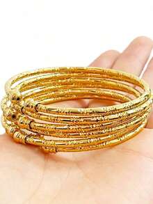 6 piezas Pulseras tipo brazalete de 3mm, estilo Dubai, dorado, joyería de boda, regalo - oro - Ver 2