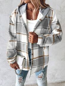 Plaid Print Buttoned Hooded Shacket