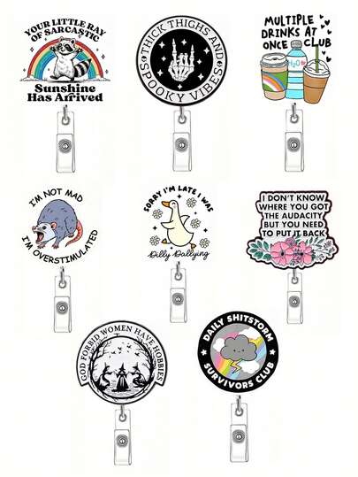 Este porta-crachá elástico criativo e divertido combina designs personalizados de desenhos animados e elementos originais, ideal para pendurar crachás de profissionais da saúde, etiquetas de identificação, chaves, etc. Vários estilos estão disponíveis, como animais divertidos, slogans engraçados e temas sombrios.