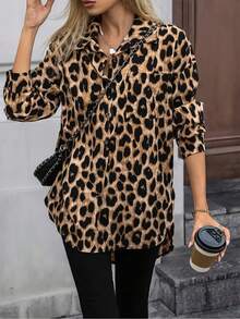 Vestido Camisero Para Mujer, Camisa Larga Estampado de leopardo, Manga Larga, Cuello Camisero, Corte Asimétrico, Con Botones - Marrón - Ver 3