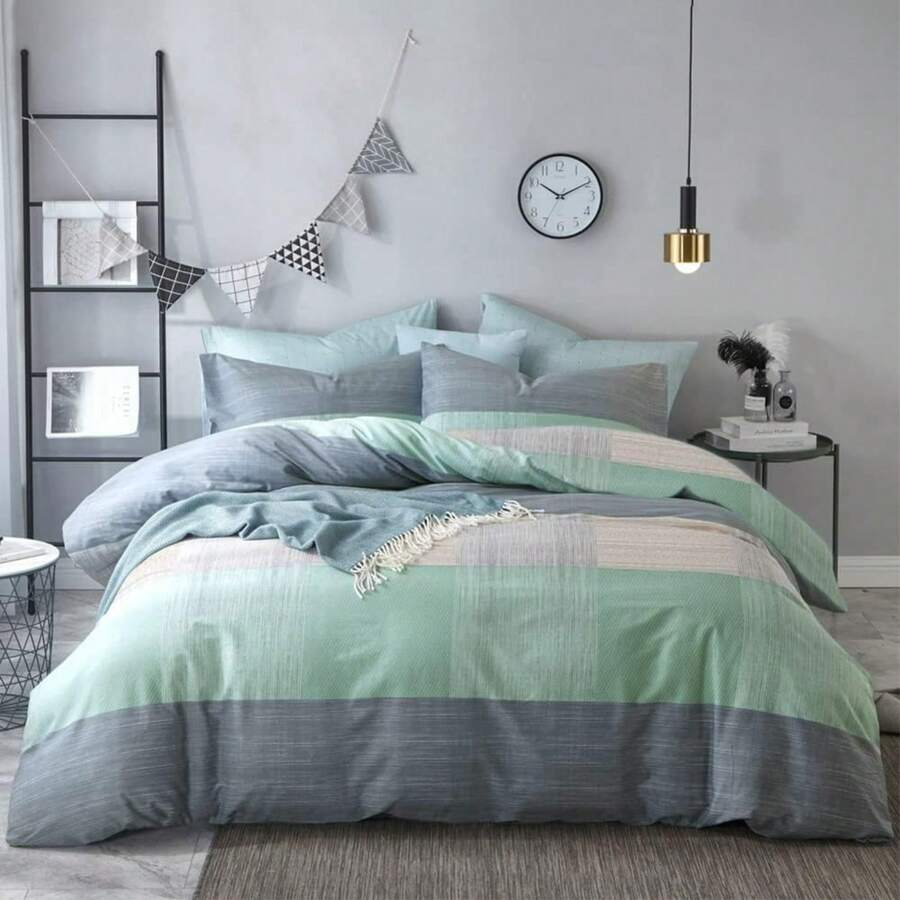 Tan Gingham Grid Duvet Cover Queen 3 Pieces Beige Plaid Duvet Cover 100% Washed Cotton Boho Plaid Comforter Cover With 2 Pillowcases Farmhouse Checkered Gingham Bedding Set Queen,  & Retro Style - A7#藍綠拼布 - 查看 1