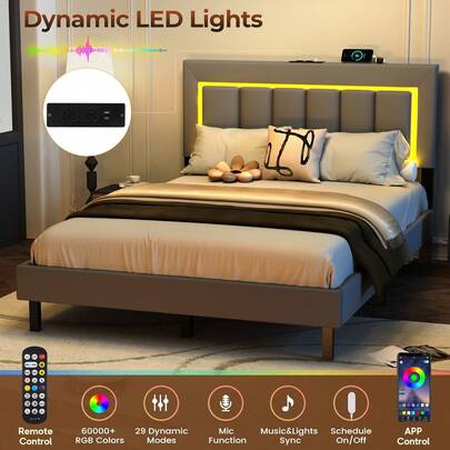 Upholstered Bed With LED Light Strip, Single Double Queen Size Bed , Underbed Storage, Durable And Sturdy, For Youth Adults & Teenagers, Grey