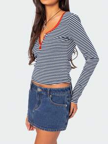 Blusa de manga larga de ajuste holgado con bloques de color y rayas, estilo europeo y americano, nueva moda - Multicolor - Ver 2