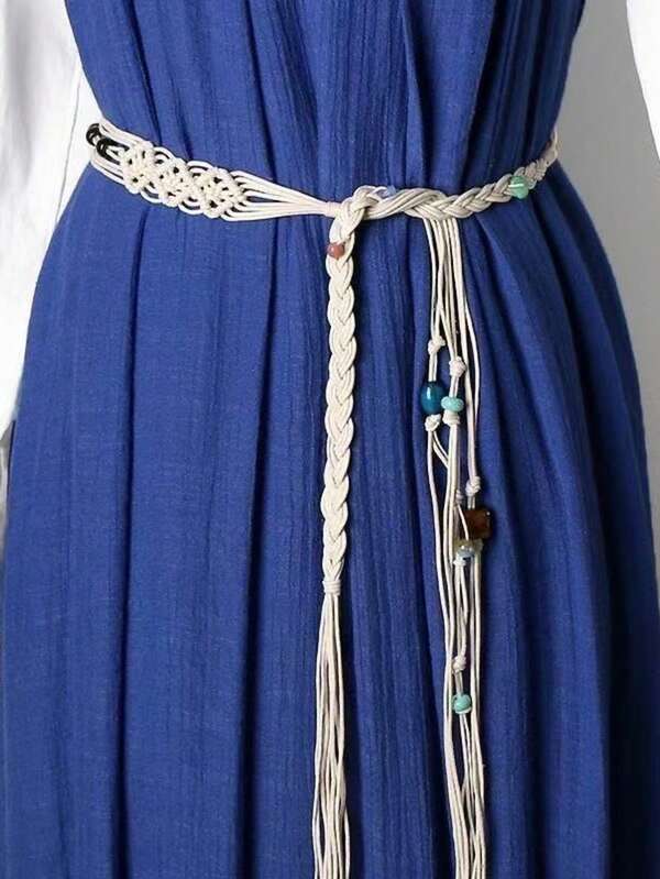 Cinto Vintage Boêmio Tecido à Mão para Mulheres com Contas de Madeira Turquesa e Corda de Cera, Cinto de Cintura Feito à Mão com Nós