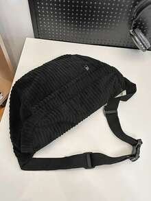 Simple Corduroy Chest Bag, Large Capacity Crossbody Bag, Retro Solid Color Waist Bag For Outdoor Sport - Black - View 5