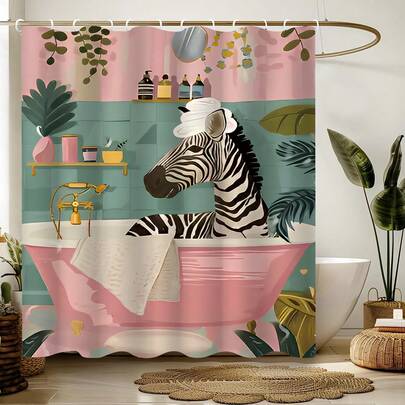 1件斑马纹浴帘 - 斑马在浴缸里洗澡，趣味动物设计，搭配绿色植物和瓷砖图案，防水防霉，可机洗，涤纶材质，不透光，轻盈透气。颜色可能因光线条件略有不同。包含12个挂钩 - 艺术浴室装饰。