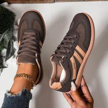 女士时尚休闲软底系带撞色运动鞋，轻便舒适，适合所有女性 - 咖啡棕 - 查看 12