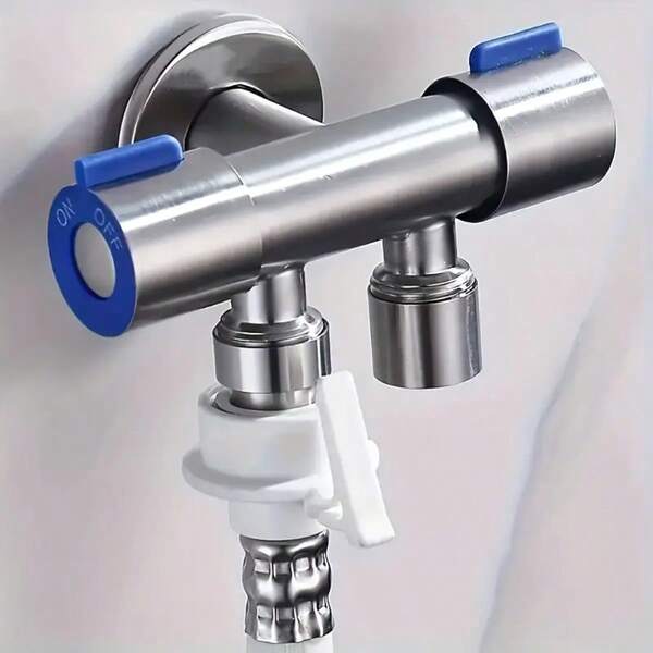 304 Stainless Steel Angle Valve One-Inlet Two-Outlet With Dual Control Switches, Valve Core & Brushed Chrome Finish - Wall-Mounted For Bathroom, Kitchen, Washing Machine, Toilet, Kitchen Plumbing, Sleek Plumbing Fixture, Durable Construction