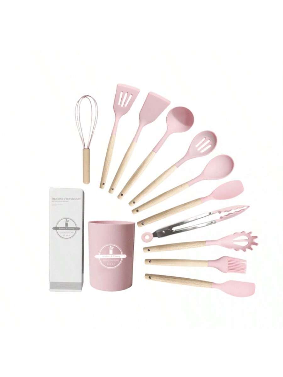 Juego de espátulas y cucharones de silicona (12 piezas) - Rosa (700 g)