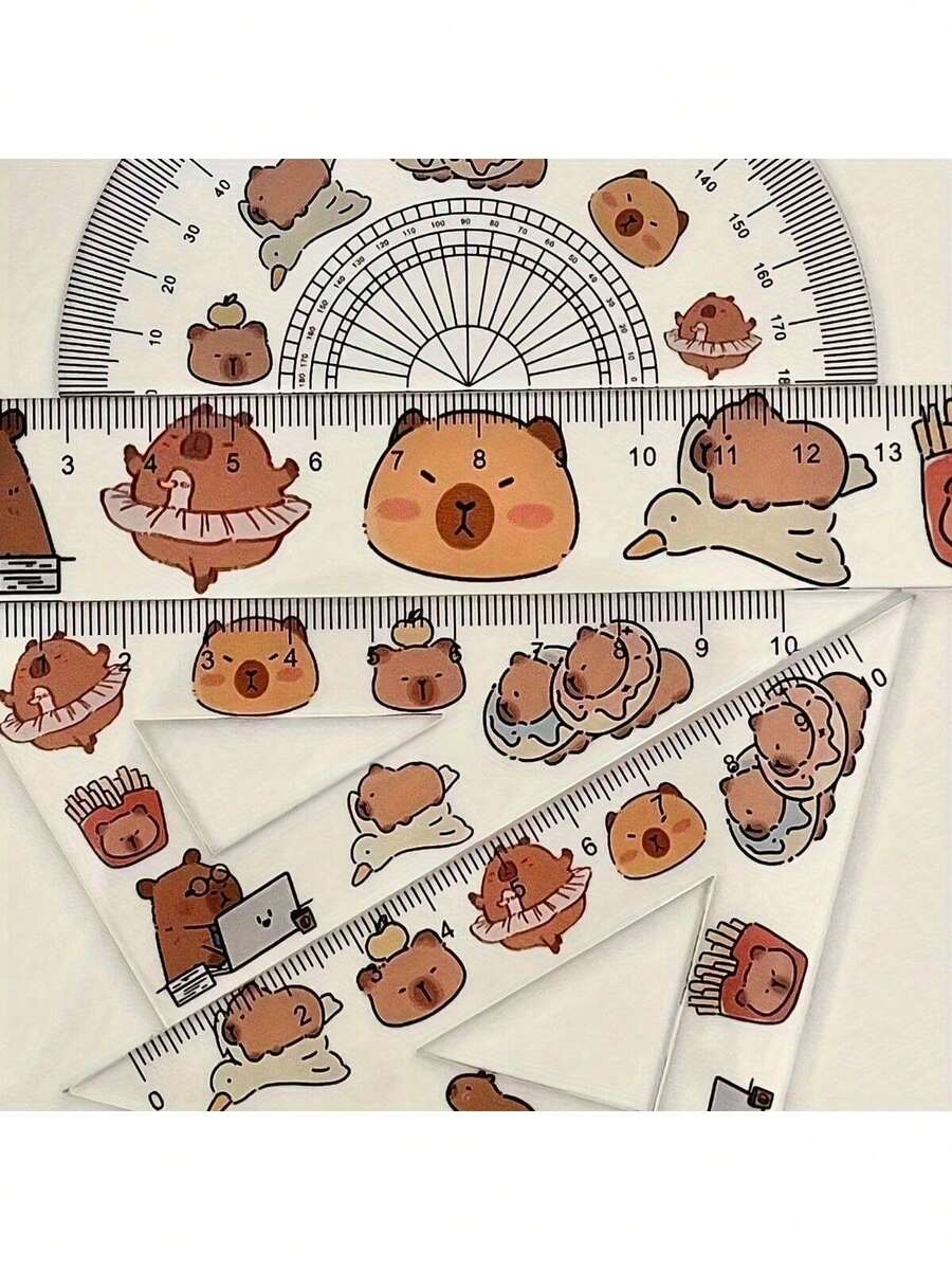 4 Pieces/Set, Plastic Transparent Capybara Ruler, Set Of Rulers Testing And Drawing, Plastic Transparent Ruler And Ruler, School Supplies, Kawaii Stationery - 4-piece Set - View 1
