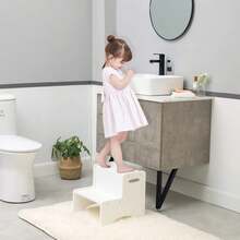 Toddler Step Stool For Kids, Wooden Two Step Children's Stool With Handles, Bonus Non-Slip Pads For Safety, Bathroom Potty Stool & Kitchen Step Stools Dual Height - trắng - Xem 4