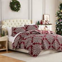 Full/Queen Quilt Bedding Set, Microfiber Quilts Queen Size, Coverlet, Stain & Pet Hair Resistant Bedding, Full Size Bedspread With 2 Pillow Shams, Bone, 2025 - 聖誕頌歌 - 查看 3