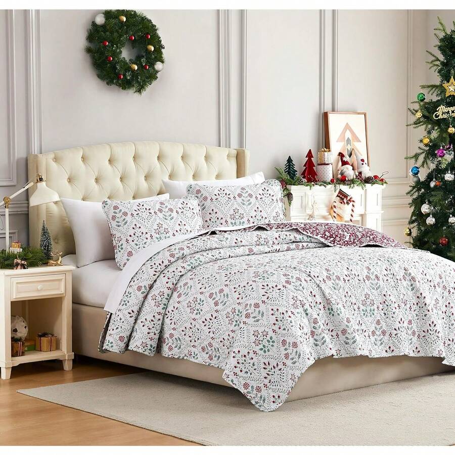 Full/Queen Quilt Bedding Set, Microfiber Quilts Queen Size, Coverlet, Stain & Pet Hair Resistant Bedding, Full Size Bedspread With 2 Pillow Shams, Bone, 2025 - 節日和聲 - 查看 1