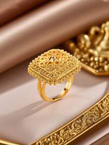 1 件镀金铜开口戒指，方形月亮设计阿拉伯中东风格女士婚礼订婚礼物戒指 - 金色 - 查看 3