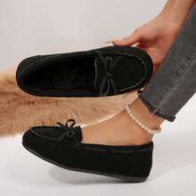 Ladies Shoes Cozy Warm Faux Lined Lace-Up Bow Spring Fall Shoes Loafers Flats Outdoor Walking Travel - màu đen - Xem 1