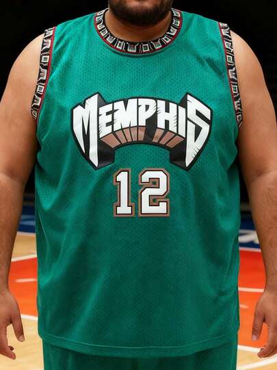 Plus Size Men's #12 Retro Green Basketball Jersey, Memphis English Letter Embroidery Loose Sleeveless Crew Neck Tank Top, Suitable For Basketball, Sports, Running, Workout, Gifts For Men