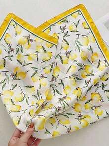 Women Bandana  Fresh Fruit Print Imitation Silk Satin Small Square Scarf/Headband, New Women Lemon Pattern Elegant Beach Accessories Fashion UV Protection Versatile Scarf, Suitable For Beach, Street, Daily, Vacation, Business Etc. - 黃色 - 查看 6