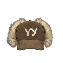 1 Pc Autumn And Winter New Yy Letter Embroidery Imitation Fur Plush Ear Protection Corduroy Thick Duckbill Cap Warm Baseball Cap - 棕色 - 查看 5