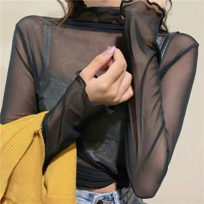 1件装女士网纱叠穿长袖高领轻薄打底衫，纯色荷叶边长袖T恤，春、秋、冬时尚单品