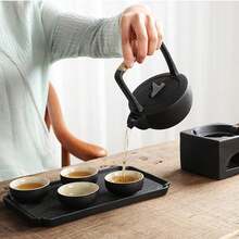 Chinese Gongfu Tea Set Traditional, Black Portable Tea Set For Adults, Asian Tea Service With Ceramic Teapot Warmer BC05BFJ23 - 方形黑色 - 查看 5