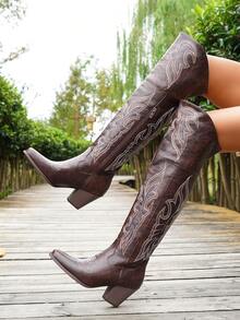 秋冬棕色优雅过膝西部靴，侧拉链设计，时尚百搭，舒适易穿，派对吸睛之作，高跟，牛仔靴 - 咖啡棕 - 查看 1