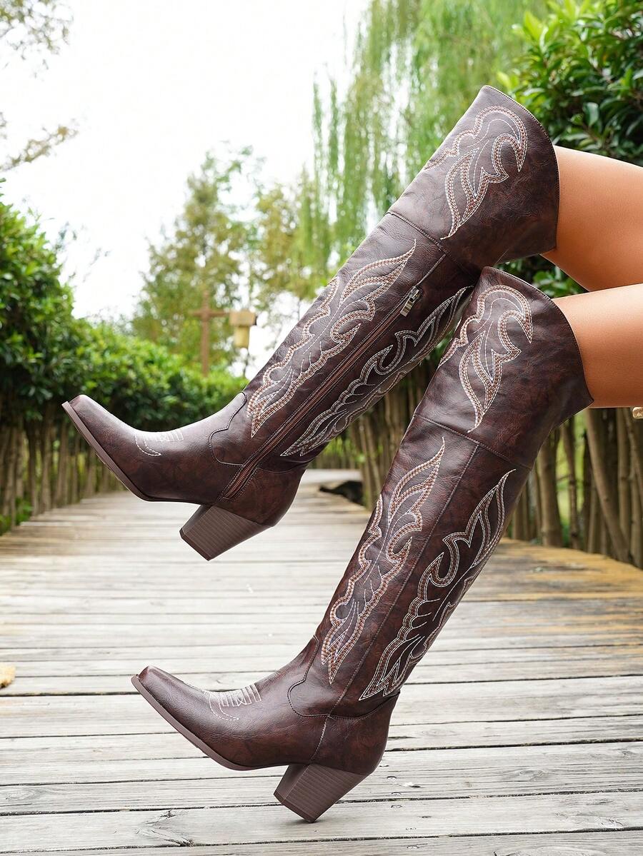 秋冬棕色优雅过膝西部靴，侧拉链设计，时尚百搭，舒适易穿，派对吸睛之作，高跟，牛仔靴 - 咖啡棕 - 查看 1