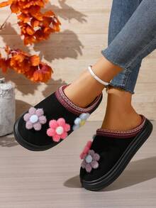 1 Pair Retro Fluffy Flower Mule Slippers, Floral Print Cute Fabric Applique House Slippers, Suitable For Autumn/Winter - Black - View 4