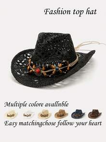 1顶男女通用木珠贝壳装饰西部牛仔帽，镂空印花草编遮阳帽，适合春夏旅行、海滩、休闲佩戴（帽檐可能因变形而在收到产品后需要手动调整） - D - 查看 9