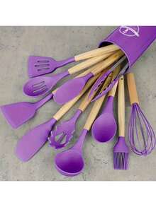 12件套高端不粘硅胶厨房用具，带人体工学木柄 - 耐热易清洗，适用于烹饪和烘焙，经久耐用 - 是学校和家庭烹饪爱好者的理想之选 - 彩色 - 查看 5