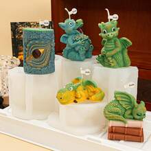 Moldes de silicona de dragón fantástico con poses diversas - Abrazando una bolsa de dinero, sentado, acostado y durmiendo sobre libros, desmoldado duradero y fácil para hacer velas, arte de yeso y resina, perfecto para la decoración del hogar bohemio - Blanco - Ver 2