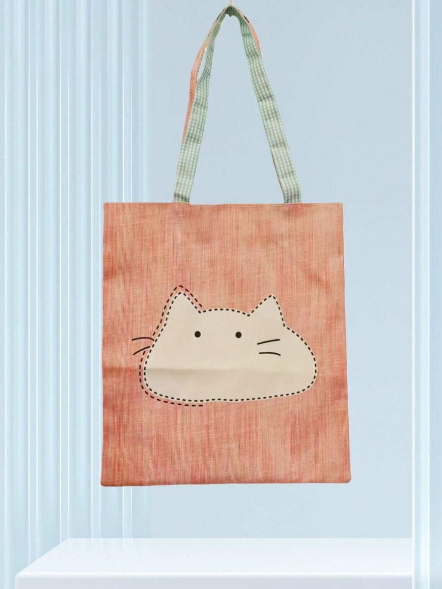 1 PIEZA Nuevo bolso de mano estilo retro rosa para mujer - Diseño lindo de gato de dibujos animados y rayas, cierre con cremallera, uso diario y para ir al trabajo, bolso versátil, estética juguetona, accesorio elegante, adultos, bolso ligero, bolso minimalista, construcción resistente, bolso de mujer, moda femenina