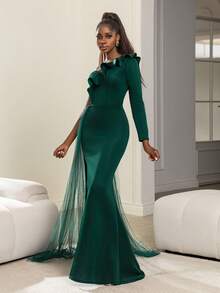 Faeriesty Chic Women's Elegant Asymmetrical One-Shoulder Ruffled Mermaid Evening Gown With High-Leg Slit & Flowing Illusion Train, Form-Fitting Satin Banquet Dress For Black-Tie Galas, Red Carpet Events, Luxury Balls, Anniversary Soirees, And Charity Galas Christmas Matching Outfits - Dark Green - View 9