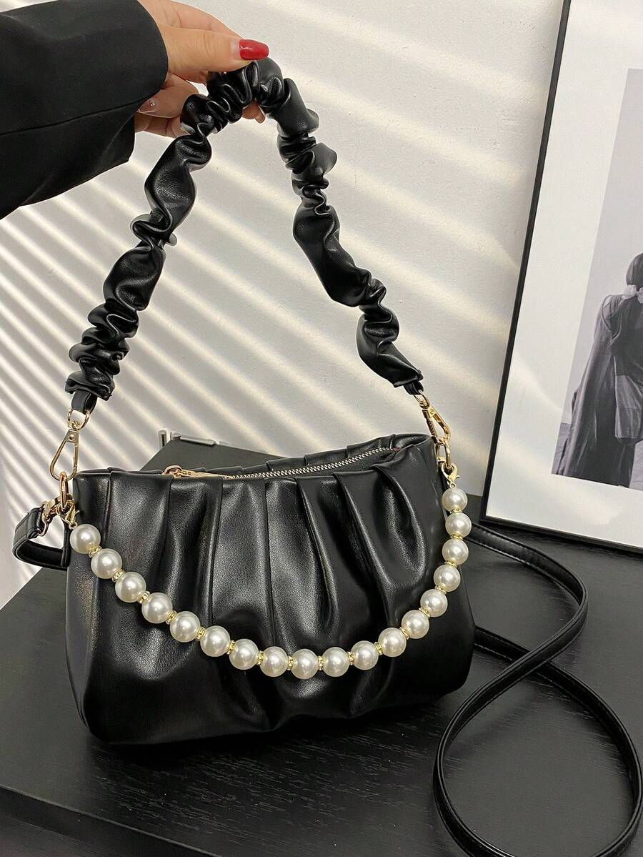 Fashionable & Elegant Pleated Pearl Decor Shoulder Bag