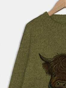 Áo len nữ cổ tròn in hình bò hoạt hình, áo len dài tay cổ tròn kiểu dáng thường ngày cho mùa thu đông, áo len thời trang nữ mặc hàng ngày, áo kiểu. - xanh quân đội - Xem 6