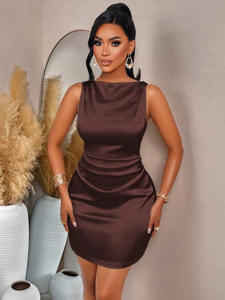 AIJ Amarilo Women's Autumn/Winter Off-Shoulder Ruffle Waist A-Line Solid Satin Mini Skirt For Dates, Gatherings And Parties - Coffee - View 6