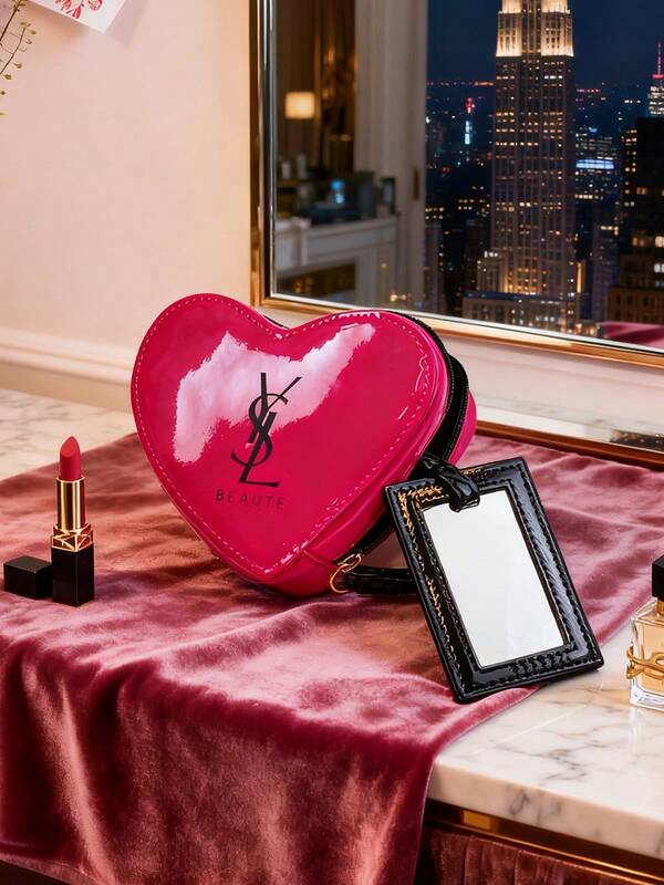 Adorable Magenta Heart-Shaped Makeup Bag With Mirror - Cute Travel Cosmetic Pouch, Perfect Gift For Girlfriend & Teens