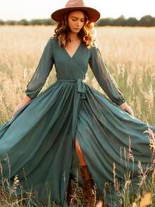 Vusalt 女士春季波西米亚风长袖V领高开衩宽松雪纺连衣裙，适合春季穿着、海滩度假、婚礼宾客礼服、夏季度假，绿色连衣裙，适合圣帕特里克节 - 綠色 - 查看 5