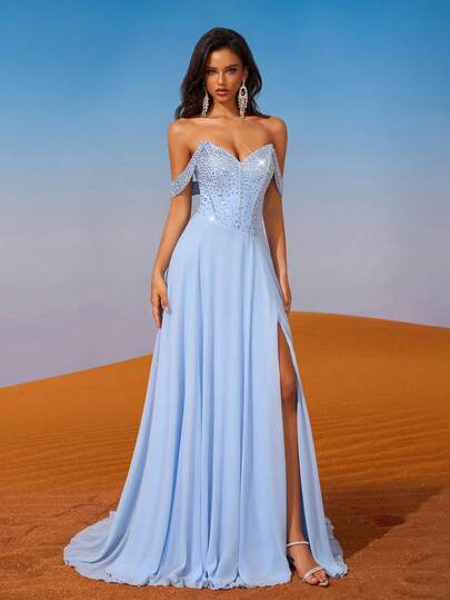 AOSHABABI Chiffon Off-Shoulder Long Evening Dress, Rhinestone Embellished Fitted Bodice, Open Back, Flared Skirt, Suitable For Formal Occasions, Music Festivals, Galas, Weddings, Parties, Graduations, Cocktail Events, Dates, Holidays, And Bridesmaid Dresses