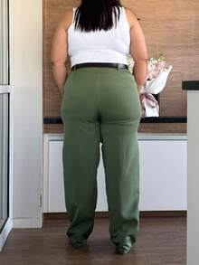 Straight Leg Plus Size Tailored Trousers 46-50 With Belt, Button And Zipper Closure 8827 - 軍綠色 - 查看 3