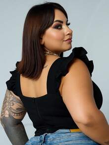 Women's Summer Plus Size Cropped Blouse With Ruffled Sleeves, Button Detail, Back Zipper, Curve Look, Sizes 44 To 54 - Negro - Ver 2