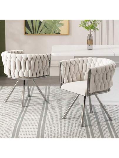Fluwelen Dining Chair, Set Of 2, Single Verlichting Luxe Living Room Bedroom Swivel Leisure Stoel Four Metal Support Legs, Beige+Silver view 5