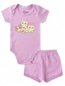 Kit 3 Conjuntos (6 Peças) Body Bebê MANGA CURTA E SHORTS Sortidos – 100% Algodão - Rosa Bebê - Visão 5